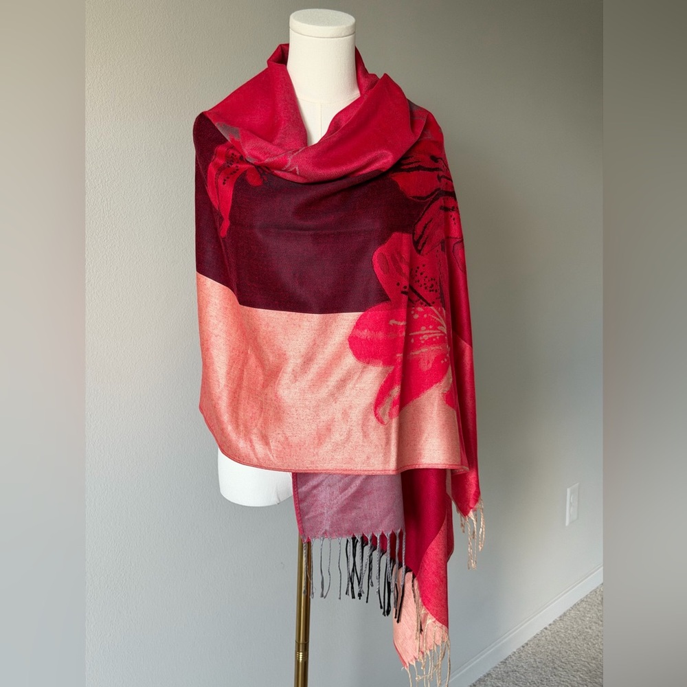 Floral Ombré Red and Pink Scarf Wrap Shawl-72’& 27’